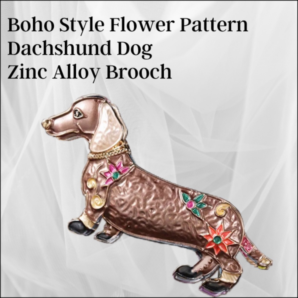 Dachshund Dog 3" Brooch -Beautiful flower pattern khaki with a cute shape design